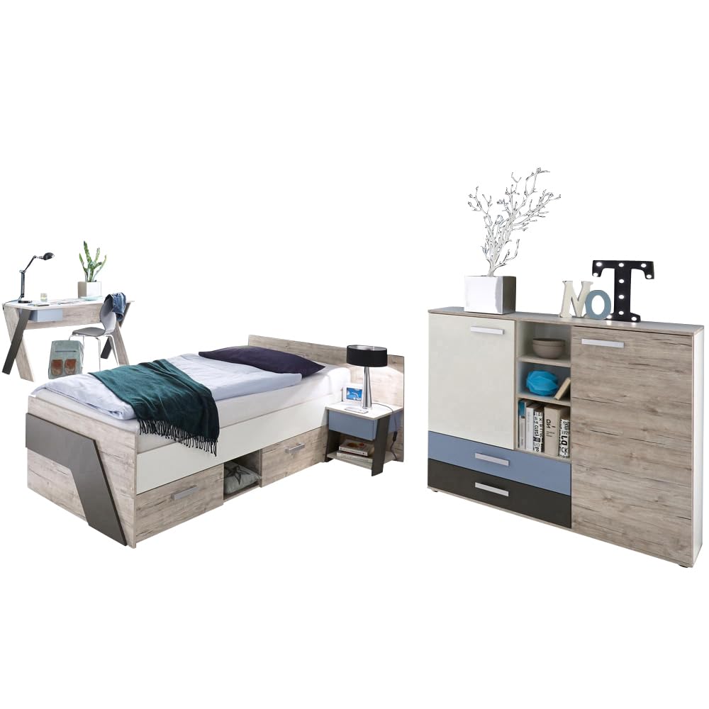 Lomadox Jugendzimmer Kinderzimmer Set, Sandeiche mit weiß, Lava blau, 90x200 Kojenbett, Schreibtisch, Nachttisch, Highboard