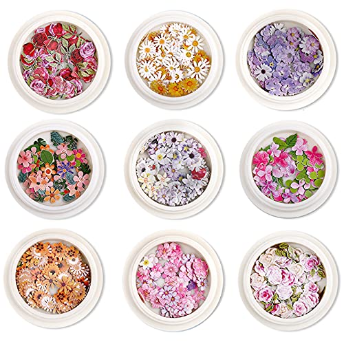 Maiousu Store 9 Boxes 450Pcs 3D Flower Nail Art Sequins Decals(Not Self-Adhesive Not Stickers) Colorful Mixed Flowers Leaves Design Slice Nail Flowers Ultra Wood Pulp Flakes Sequins(Type 3) #TOP5