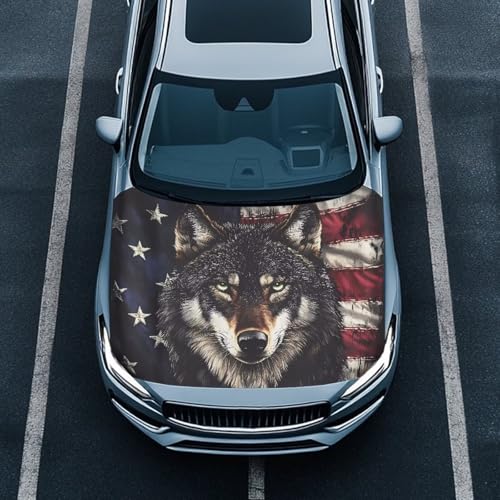 Image of Car Hood Cover Protector,Comfortable Breathable Print Hood Covers for Cars,Universal Accessories for Decoration Black Wolf American Flag Pattern Print