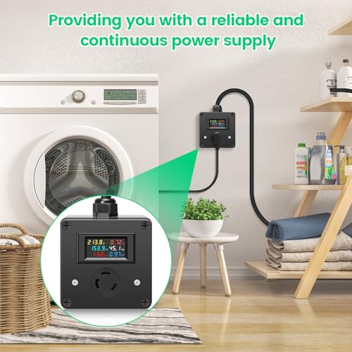 Image of AC Power Meter with Color LCD Digital Display Screen and NEMA L6-30 Plug, 120-240V 30A, Real-Time Monitoring of Voltage, Current, Power, Energy, Frequency, and Power Factor