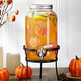 FillTouch 1 Gallon Fall Pumpkin Glass Drink Dispenser with Stand Thanksgiving Pumpkin Beverage Dispenser with Spigot Clear Juice Alcohol Cocktail Tea Dispenser for Autumn Party Decorations