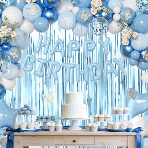 Dusty Blue Birthday Decorations, Chrome Dusty Light blue White Confetti Foil Balloons Happy Birthday Banner Gold Butterfly Fringe Curtains, Blue Birthday Decorations for Girls Women — view 4