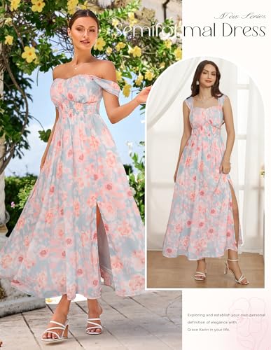 Image of GRACE KARIN 2026 Women's Summer Floral Wedding Guest Dress,Beach Flowy A Line Maxi Off Shoulder Bridesmaid Dresses