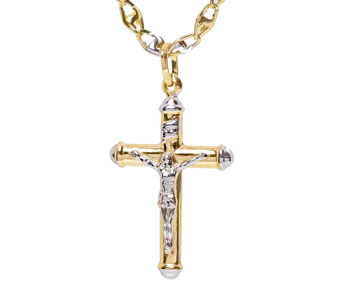 Maglione Gioielli Collana da uomo con Crocifisso in oro giallo e bianco 18kt per Battesimo, Comunione, Cresima