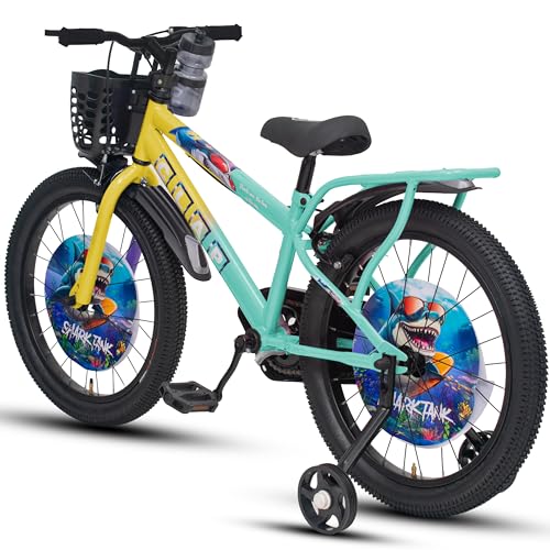 Image of Shark Tank 20 Inch Kids Bicycle with Training Wheels, Front Basket, Water Bottle, Rear Carrier & Full Chain Cover for Boys and Girls Ages 7-9 (Yellow /Sea Blue)