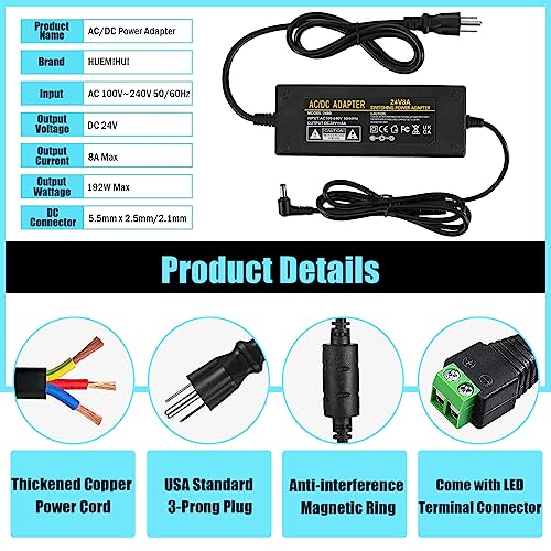 Image of 24V 8A Power Supply Adapter with 5.5mm x 2.5mm /2.1mm DC Output Jack | AC 100-240V to DC 24 Volt 8 Amp 192W Power Converter Low Voltage Transformer for LED Strip Light CCTV Cameras LCD 3D Printer