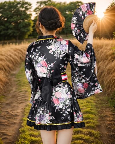 PLULON 5 Pcs Women's Japanese Kimono Robe Short Floral Print Kimono Dress Sexy Geisha Yukata Satin Bathrobe with Accessories4