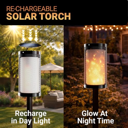 Image of Deco Window Solar Lights Outdoor 2 Pack LED Flame Torches with Flickering Flame Effect, Solar Powered Pathway Lights for Patio, Lawn, Porch, Walkway, Driveway, and Garden.
