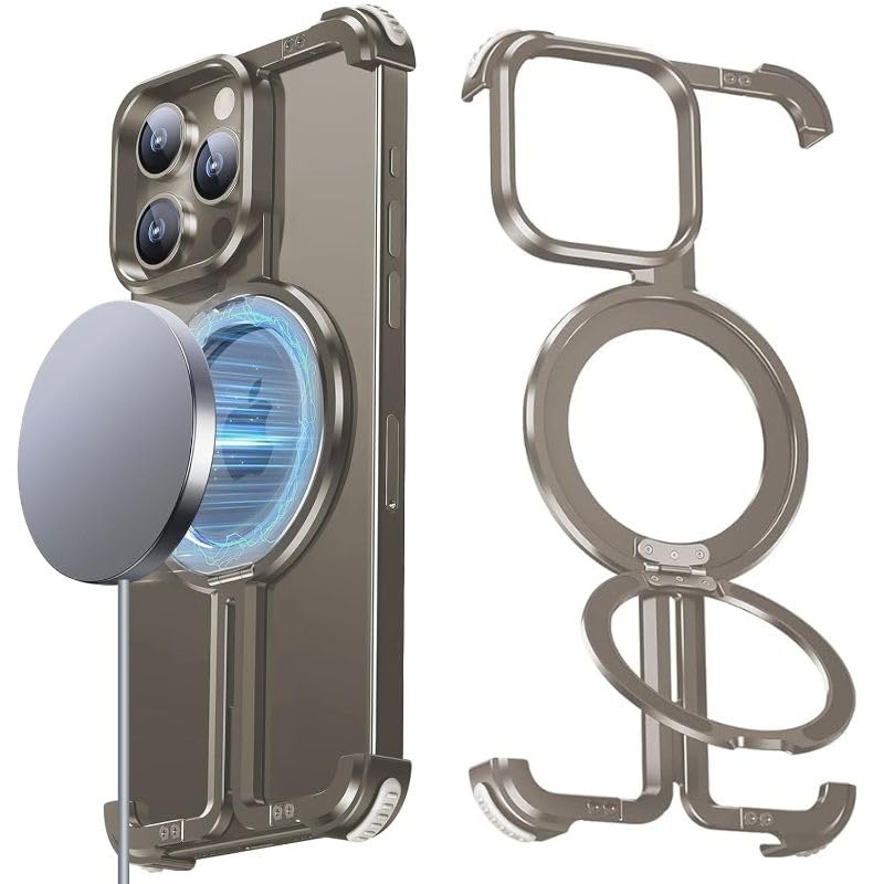 AJKingsley15 Pro Max Frameless Case, Sleek Minimalist Protective Shock Absorption Aerospace Grade Aluminum Shells with Built-in Kickstand Phone Case (Natural Titanium 15 Pro Max)