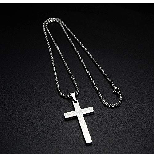 Blowin Unisex Silver Stainless Steel English Bible Lord Prayer Pendant Cross Necklace 24 Inch Chain3