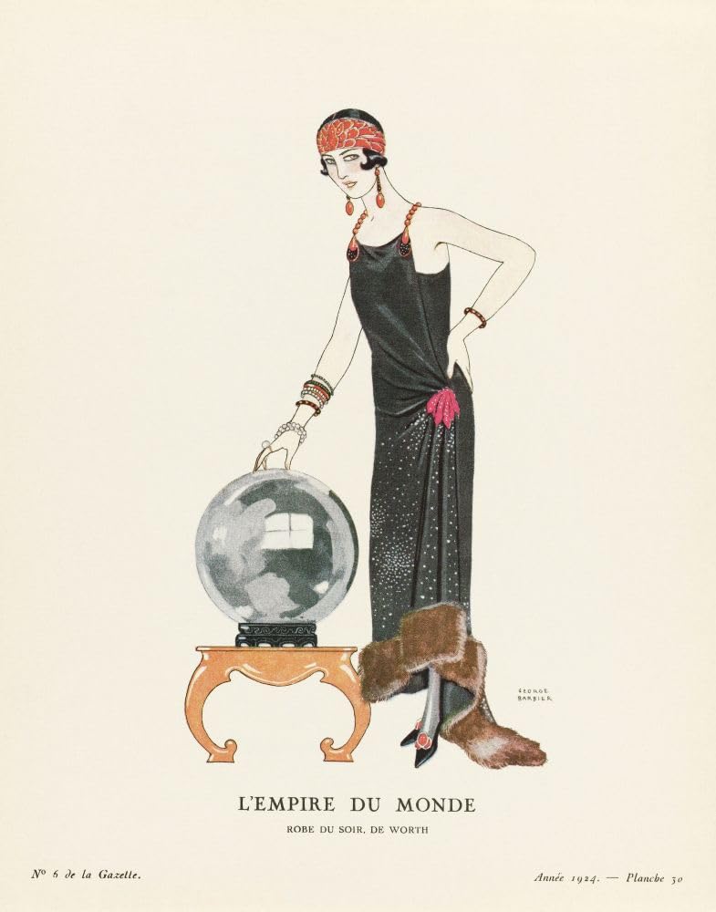 EDITORIAL L Empire du Monde. El imperio del mundo. Robe du Soir de Worth. Vestido de noche de Worth. Ilustración de moda art deco del artista francés George Barbier 1882-1932. La obra fue creada para