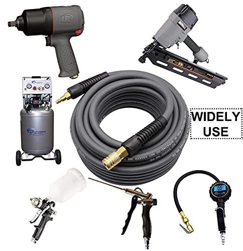 Yotoo Hybrid Air Hose 1/4-Inch By 25-Feet 300 Psi Heavy Duty, Lightweight, Kink Resistant, All-Weather Flexibility With 1/4-Inch Industrial Air Fittings And Bend Restrictors, Gray #TOP6