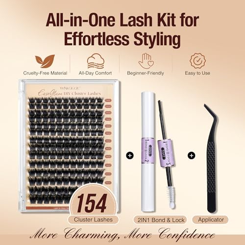 Image of Eyelash Clusters Kit, D Curl Lashes 10-16mm 154pcs | Bond and Seal Included, Tweezers Included, Fluffy Lash Clusters, Wispy DIY Lash Extension