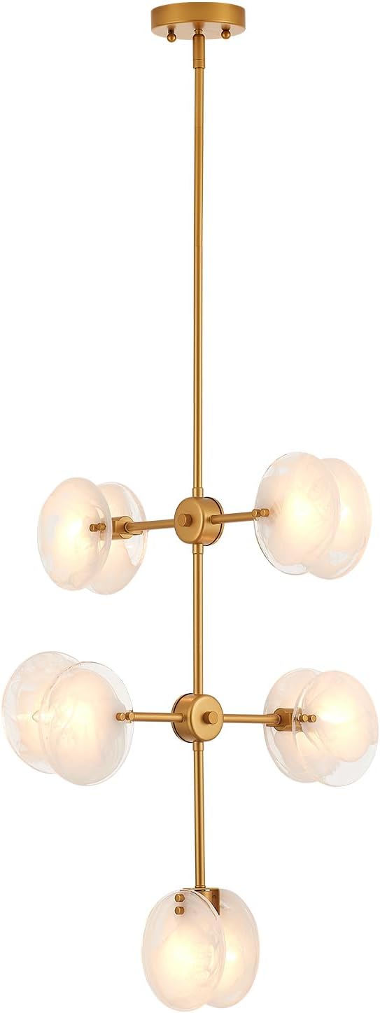 5-Light Sputnik Pendant Light Gold Finish, Modern Glass Chandelier for Foyer, Vintage Hanging Light Fixture for Entryway Kitchen Dining Room Bedroom