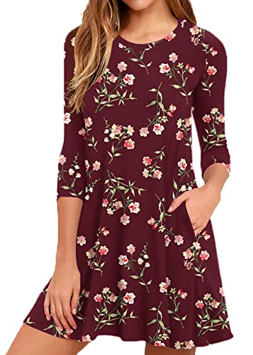 Image of VIISHOW Womens Round Neck 3 /4 Sleeves A-line Casual Tshirt Dress with Pocket