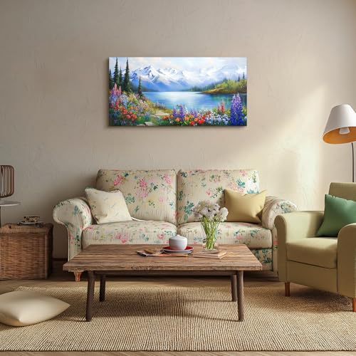 crmotu Lakeside Landscape Wall Art, Nature Wilderness Large Wall Decor, Mountain Tree Wildflowers Scenery Paintings, Cottagecore Canvas Pictures for Living Room Bedroom Farmhouse Art Prints 24x48 Inch