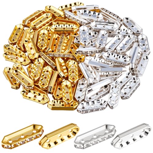 SUNNYCLUE 1 caja de 100 espaciadores de Cuentas de 2 agujeros, 3 colores, Cuentas de Diamantes de Imitación A Granel, Eslabones de Barra Vintage Dorados Y Plateados, Espaciadores Sueltos de Metal Oval