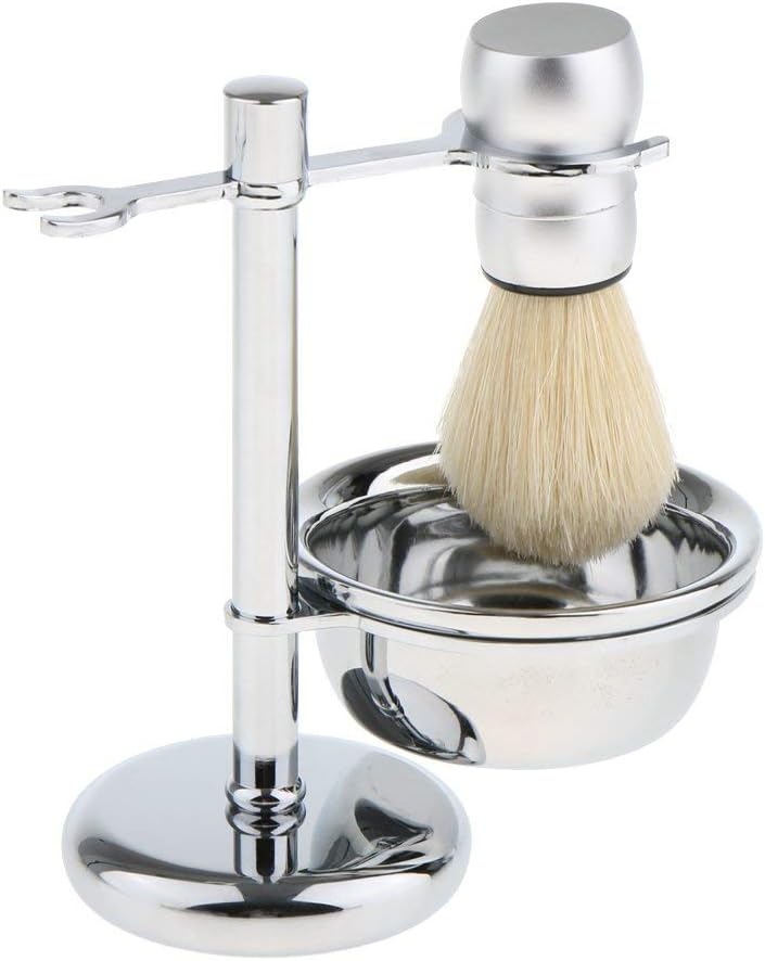 4 in 1 Men's Shaving Kit Soft Nylon Hair Brush + Stainless Steel Shaver Holder Stand & Bowl/Mug + Soap