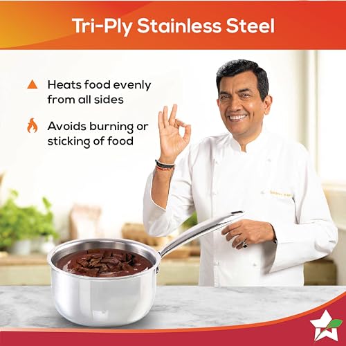 Image of Wonderchef Nigella Tri-ply Stainless-Steel Saucepan /Milkpan 16cm for Kitchen, 1.5L, Non-Toxic, Chemical & PFOA Free, Gas Stove & Induction Friendly, Heavy Bottom, Cool-Touch Handle, 10-Yr Warranty
