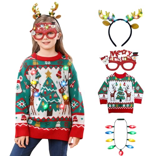 Kids Ugly Christmas Sweater Boys Girls Christmas Sweaters Outfit with Headband Necklace Glasses Party Accessories Set (12-14Y) Red
