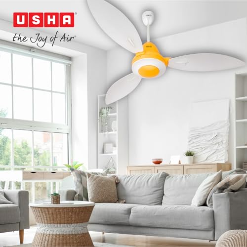 Image of USHA Bloom Lily Glow BLDC Ceiling Fan with 3-Mode Underlight |RF Remote | 100% Copper Motor |Whisper-Quiet |Dust-Resistant |BEE 5 Star Rated |3-Year Motor & 2-Year PCB Warranty |White & Saffron Yellow