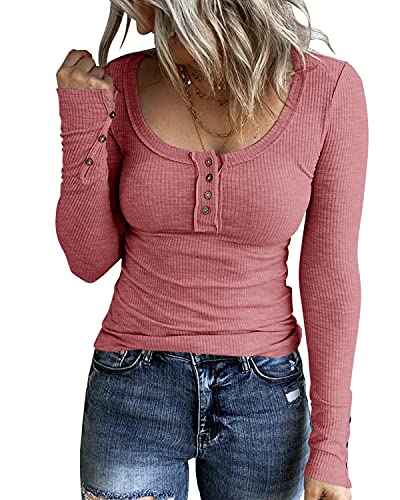 Image of KINLONSAIR Women Long Sleeve Henley Shirts Scoop Neck T-shirt Basic Tops