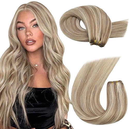 Moresoo Weft Hair Extensions Remy Human Hair Weft Light Brown with Platinum Blonde Sew in Hair Extensions Human Hair 16 Inch 100g/Pack #P9A/60