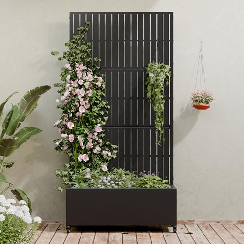 Casaphoria Metal Raised Garden Bed with Trellis and Wheels, 72'x35'x16' Planter Box for Climbing Plants, Vegetables & Vines, Features Drainage Holes and Privacy Screen (Black-Fence)