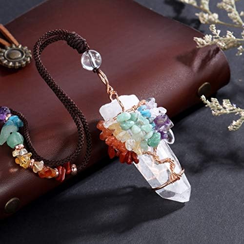 JOVIVI 7 Chakra Crystals Gemstones Healing Tree of Life Clear Quartz Necklace,Women Wire Wrapped Rock Raw Quartz Stone Necklace Adjustable Cord Jewellery for Mother Day Mum Gifts