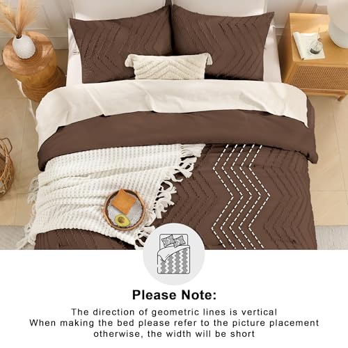Image of Andency Brown Comforter Set Full Size, Boho Soft Warm Tufted Bedding Comforter Sets for Full Size Bed, 3 Pieces Aesthetic Chevron Farmhouse Cute Bohemian Textured Bed Set