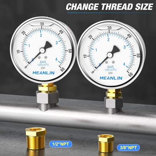 Image of MEANLIN MEASURE 0~60Psi Stainless Steel 1 /4 inch NPT 4 inch FACE DIAL Liquid Filled Pressure Gauge, Pool Sand Filter Water Pump Pressure Test Lower Mount, with 1 /4 inch x 1 /2 inch NPT and 1 /4 inch x 3 /8 inch NPT Hex Bushing