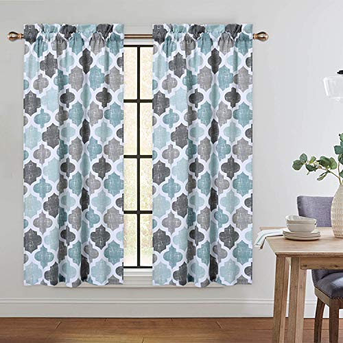 CAROMIO 45 Inch Kitchen Curtains, Quatrefoil Trellis Printed Cotton Blend Tier Curtains for Kitchen Short Cafe Curtains Bathroom Window Curtains, Aqua/Mint/Grey