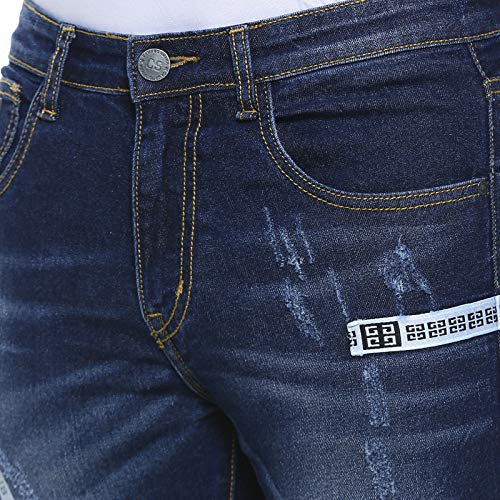 Image of CAHOOT Men' Denim Jeans for Regular Wear Blue Dark Wash Patchwork Slim Fit Jeans Crafted with Comfort Fit and High Performance for Everyday Casual Wear