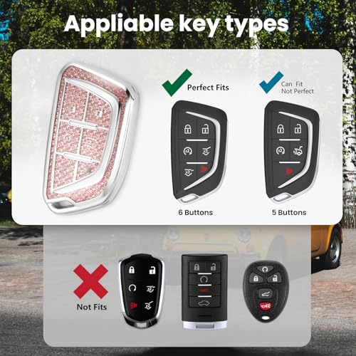 Image of Car Key Fob Cover for Cadillac escalade, Rhinestone Wristlet, Pink | Wear-resistant TPU shell, non-stretch rhinestone wristlet, daily splash, scratch and drop protection, normal signal use