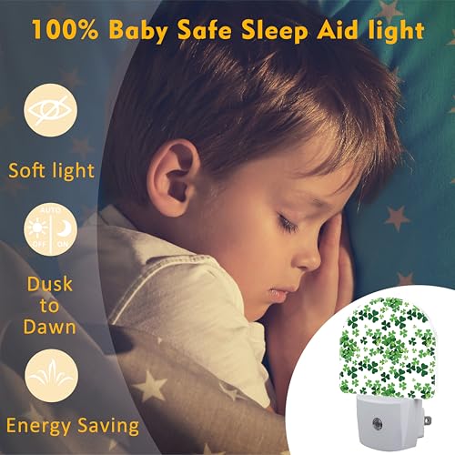 Image of St Patrick's Day Shamrock Night Light Plug into Wall,Green Ireland Clover Leafs Dusk to Dawn Night Light Plug in,0.5w Energy Saving Sleep Friendly NightLight for Kids Boys Girls Home Decor