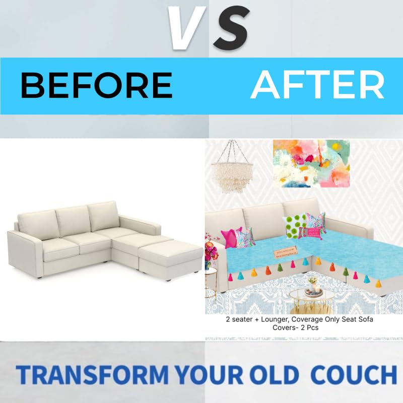 Image of Blue Sofa Cover Multicoloured Tassels: Sofa Slipcover: Thick Fabric, Anti-Slip, Stylish & Functional:Seat Sofa Throw- Set of 2 Seat Covers- L Shape Sofa Cover Set (2 Seater + Lounger)