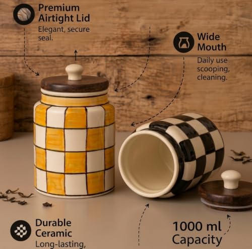 Image of Airtight Ceramic Jar with Wooden Lid (Pack of 2) - 1000ml Each - Kitchen Storage Containers for Sugar, Tea, Salt, Pickles, Pulses & More (Yellow & Black)