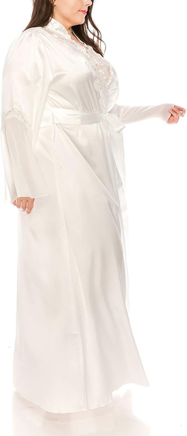 Long Satin Robes w/Lace for Plus Size Lingerie Silk Bathrobe Lounge Bridesmaid Nightgowns Sleepwear (White, 1X)