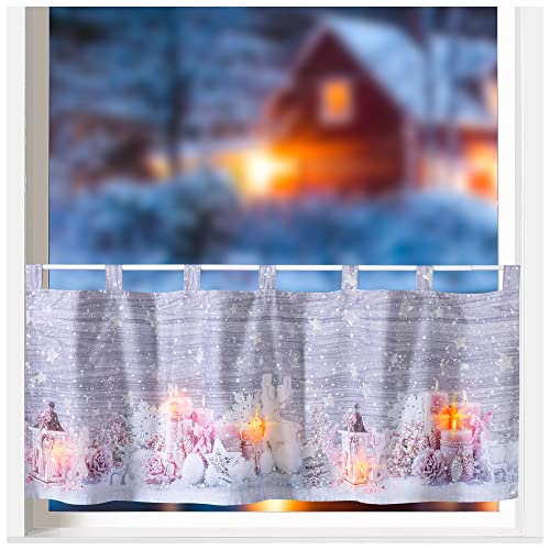 heimtexland ® Visillo con cadena de luces LED, decorativa, 45 x 120, decoración de Navidad, decoración de ventanas, decoración navideña, color rosa