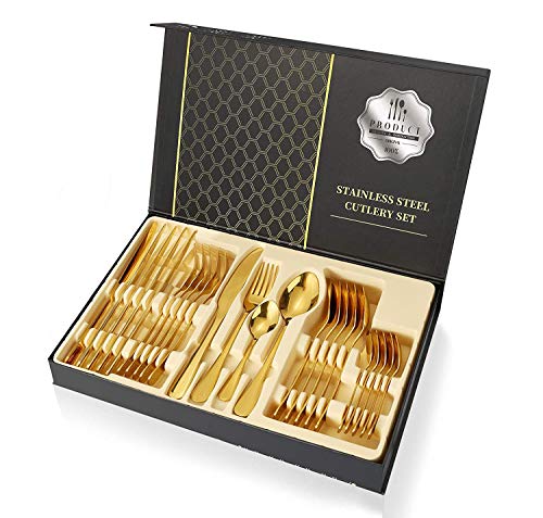 Gold Cutlery Set Silverware Gift Set, 24-Piece Stainless Steel Gold Flatware Set, Kitchen Utensils Knife Fork Spoon Flatware Set with Present Box, Tableware Mirror Finish, Smooth Edge, Service for 6