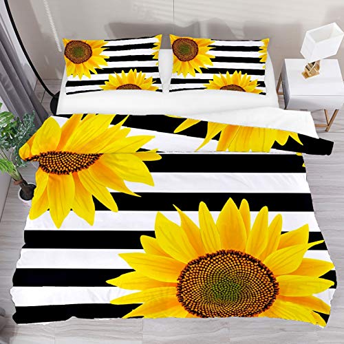 BOLIMAO 3 Pieces Yellow Sunflower Black White Stripe Duvet Cover Set (1 Duvet Cover + 2 Pillowcases) Extra Long Twin Size Breathable Bedding Sets Room Decor for Kids Children Girls Boys Teens