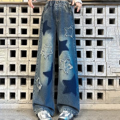 Girls Baggy Jeans Stretchy Waist Wide Leg Denim Pants with Star Embroidery Loose Fit Pants with Pockets for Kids4