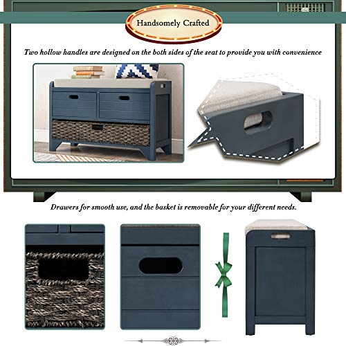 SOFTSEA Storage Bench for Entryway, Upholstered Storage Ottoman with Removable Basket and 2 Drawers, Farmhouse Shoe Bench with Seat Cushion for Entryway, Living Room, Full Assembled, Navy