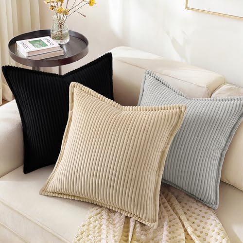 decorUhome Corduroy Black Throw Pillow Covers 16x16 Set of 2 Decorative Soft Boho Striped Neutral Euro Farmhouse Couch Pillow Cases with Broadside for Living Room Bed Sofa