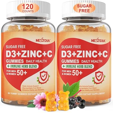 Sugar Free Vitamin C + D3 + Zinc Gummies for Adults 50 +, 9 in 1 Immune Defense Supplement with D3 5000IU, Elderberry, Echinacea, Mullein Leaf for Boost Immunity, Power Antioxidant, Vegan (Pack of 2) Cover