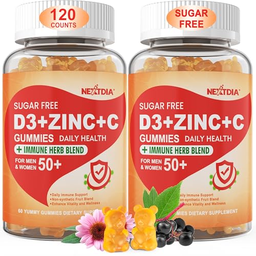Sugar Free Vitamin C + D3 + Zinc Gummies for Adults 50 + 9 in 1 Immune Defense Supplement with D3 5000IU Elderberry Echinacea Mullein Leaf for Boost Immunity Power Antioxidant Vegan (Pack of 2)