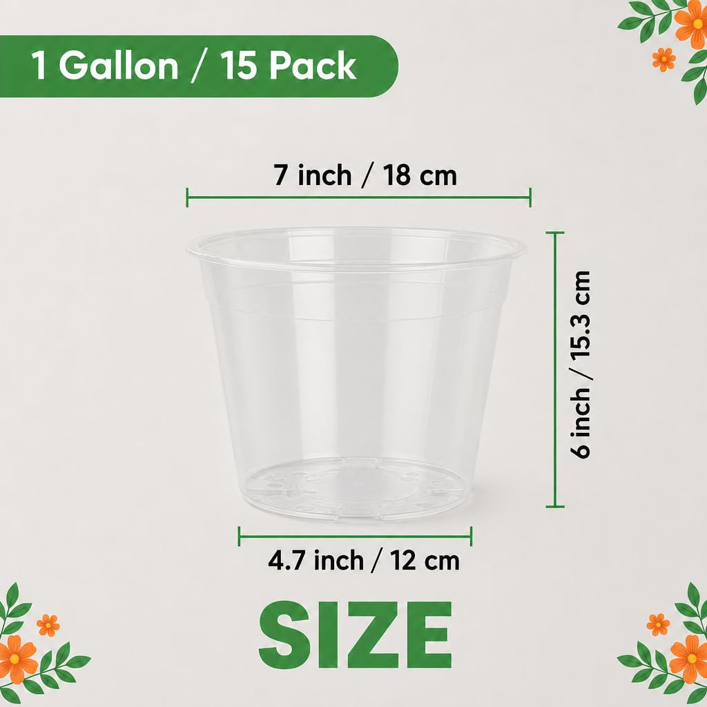 Macetas transparentes de 1 galón con drenaje, paquete de 15 macetas de plástico para plántulas, flores, suculentas, esquejes, trasplante, jardinería interior y exterior (1 galón/7 pulgadas)
