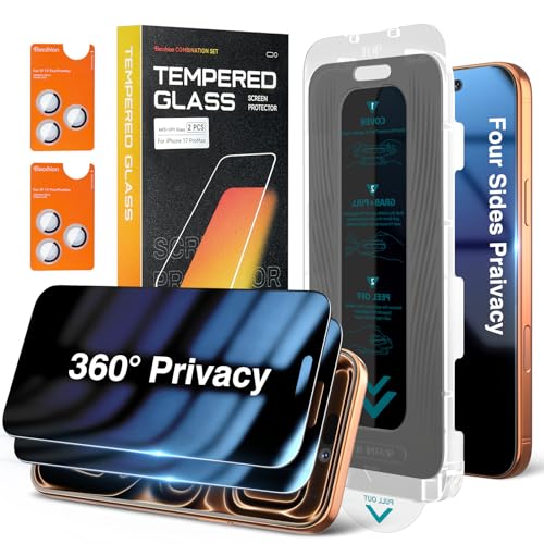 Elecshion 4 Way 360 Anti Spy for iPhone 17 Pro Max Privacy Screen Protector + Camera Lens Protector (2+2) Auto-Align Kit 10X Military Shatterproof Anti Peep Tempered Glass Film for 17 Pro Max