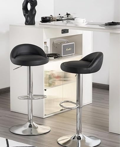 كرسي بار دائري من الجلد الصناعي مع مسند ظهر بارتفاع قابل للتعديل، كرسي بار دوار للمنزل والمطبخ والبار بدون ظهر مع مسند للقدمين من ريشير جو (اسود)