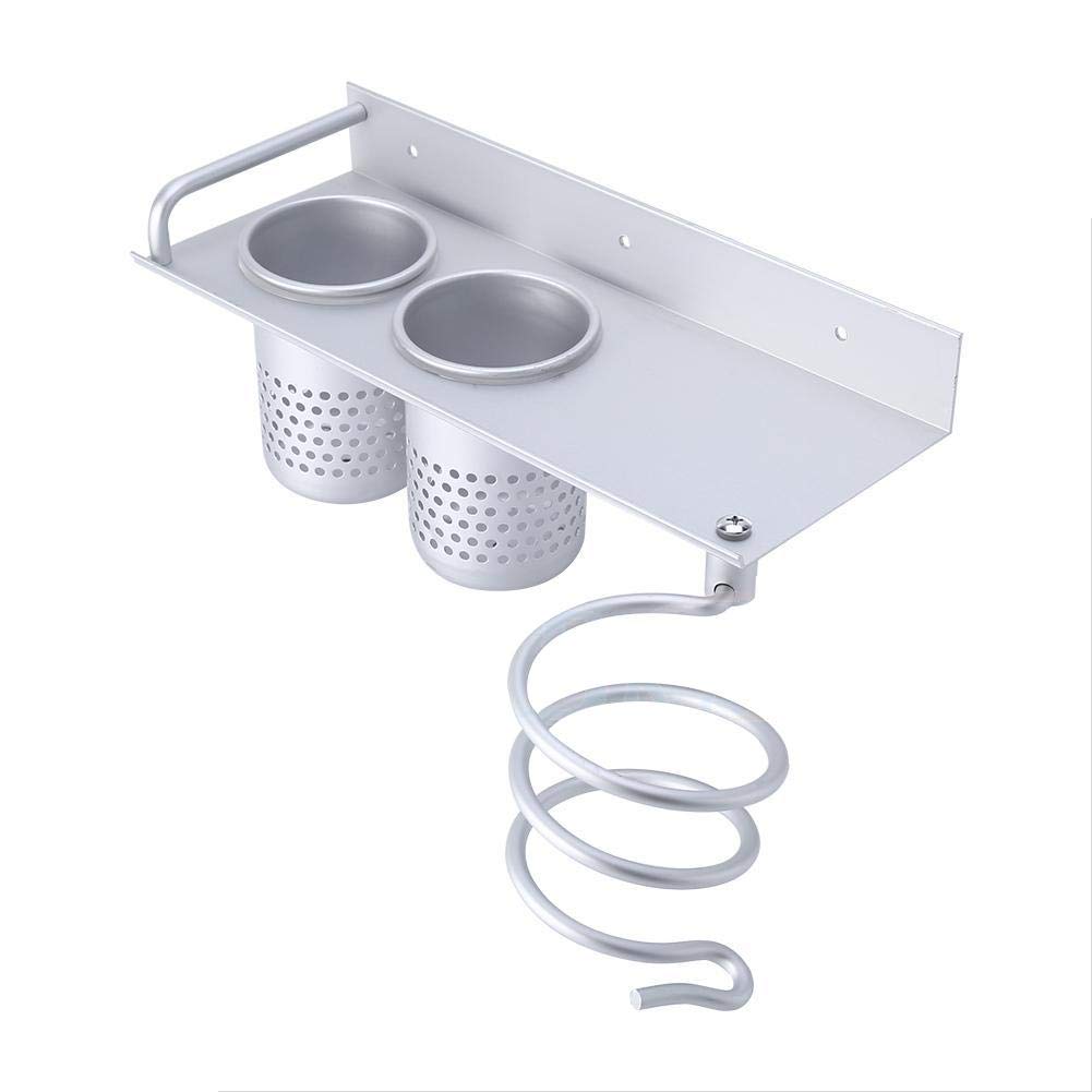 Ejoyous Porta Asciugacapelli in Alluminio, Multifunctional Supporto da Parete Asciugacapelli con 2 Tazze Supporto per Raddrizzatore per Stoccaggio Spazzolini da Denti per Bagno, Argento, 29 x 12 x 10